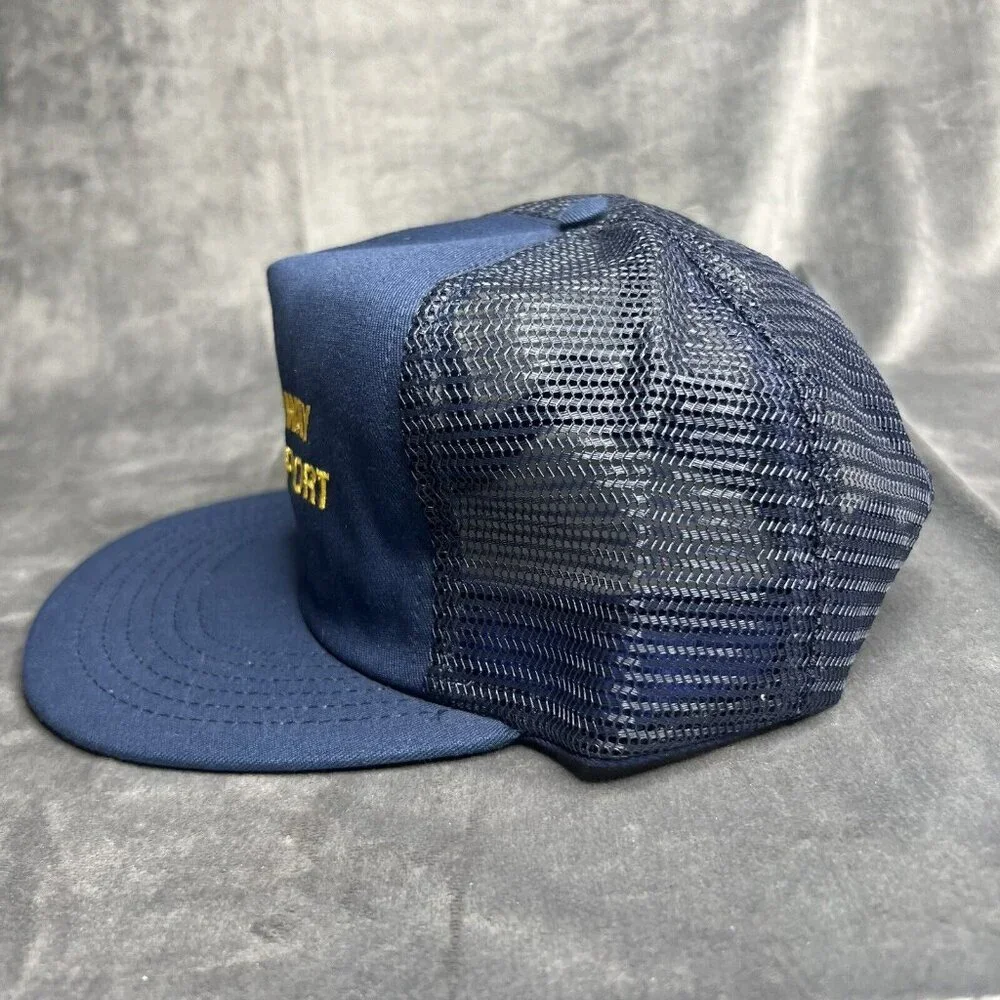 Vintage Trucker Hat 90s Mesh Back Snapback Navy Blue Yellow Transportation